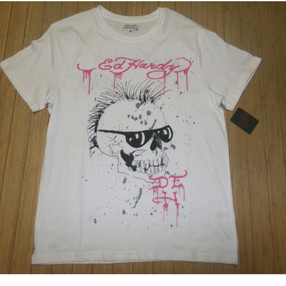 Ed Hardy Mens SZ MED Punk Skull Graphic Tee White Punks Not Dead T-Shirt